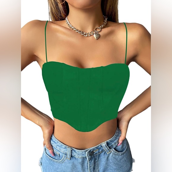 NWT (M) Green Corset Bustier Tank Crop Top Spaghetti Strap Cami - Picture 6 of 8